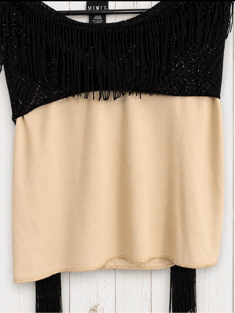 Mix It Black Lace Fringe Boho Blouse Long Sleeve Sheer Overlay Lined Top Size L - Picture 9 of 11